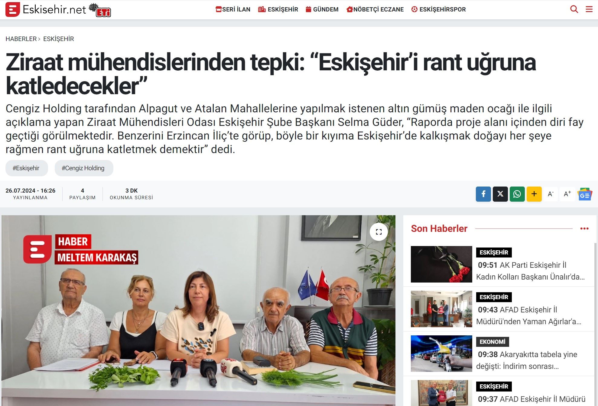 ESKİŞEHİR.NET GAZETESİ: ZİRAAT MÜHENDİSLERİNDEN TEPKİ: “ESKİŞEHİR’İ RANT UĞRUNA KATLEDECEKLER”- 26 TEMMUZ 2024