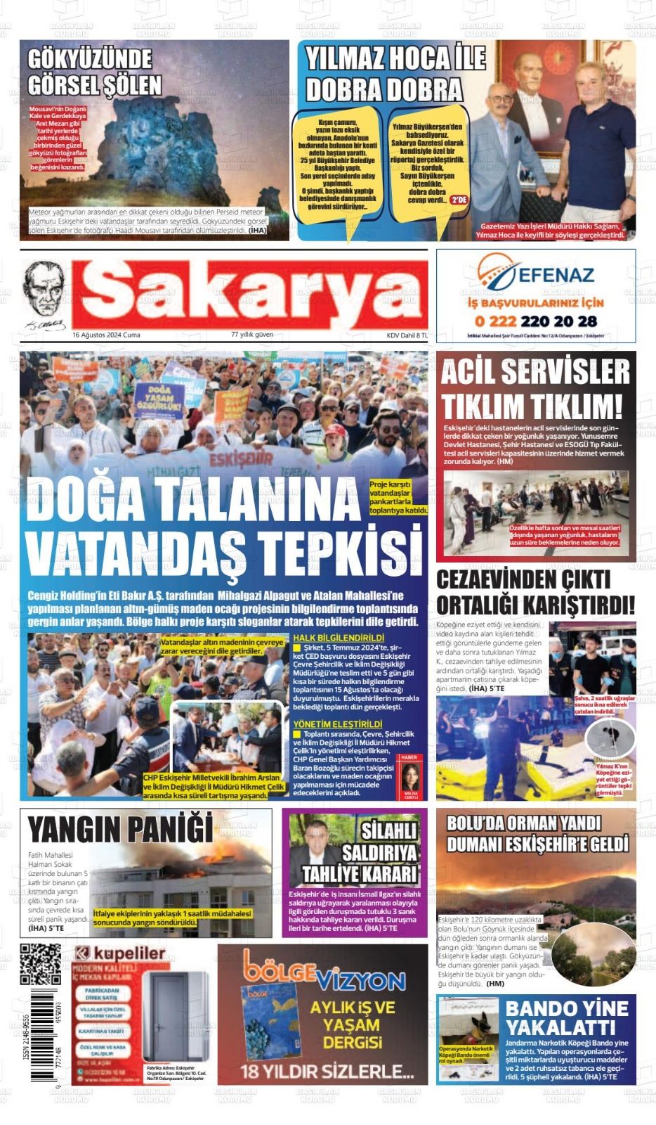 SAKARYA GAZETESİ: ESKİŞEHİR'DE 'ALTIN MADENİ' TEPKİSİ- 16 AĞUSTOS 2024