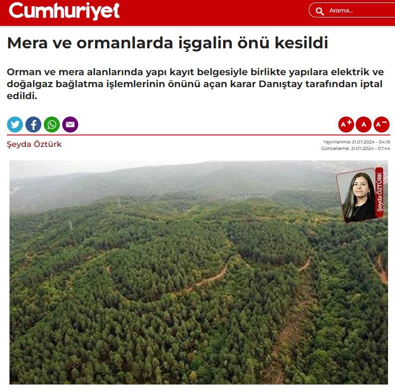 CUMHURİYET GAZETESİ: MERA VE ORMANLARDA İŞGALİN ÖNÜ KESİLDİ- 31 TEMMUZ 2024