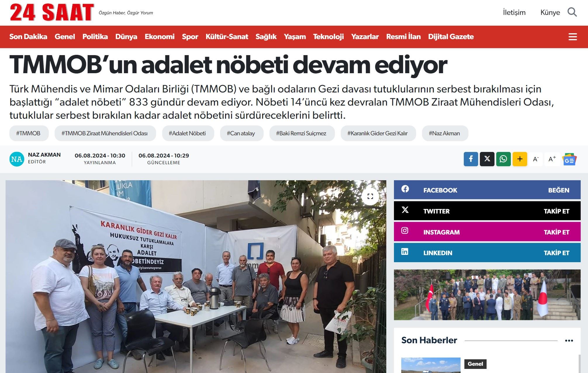 24 SAAT GAZETESİ: TMMOB’UN ADALET NÖBETİ DEVAM EDİYOR- 06 AĞUSTOS 2024