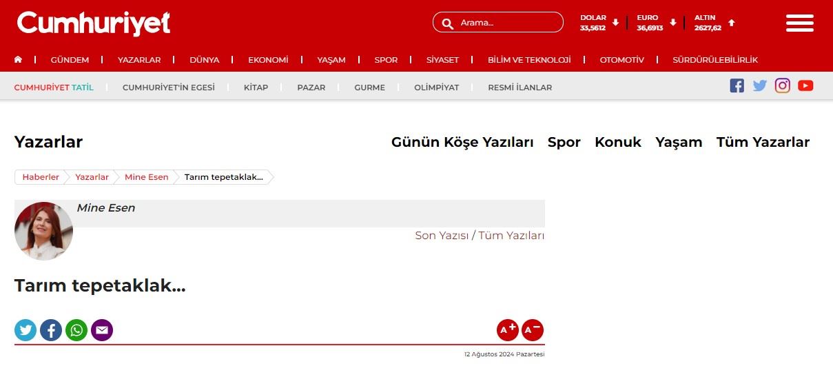 CUMHURİYET GAZETESİ: TARIM TEPETAKLAK...- 12 AĞUSTOS 2024