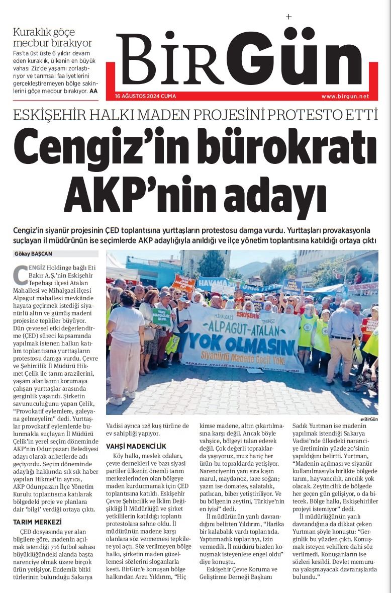 BİRGÜN GAZETESİ: ESKİŞEHİR HALKI MADEN PROJESİNİ PROTESTO ETTİ: CENGİZ’İN BÜROKRATI AKP’NİN ADAYI- 16 AĞUSTOS 2024