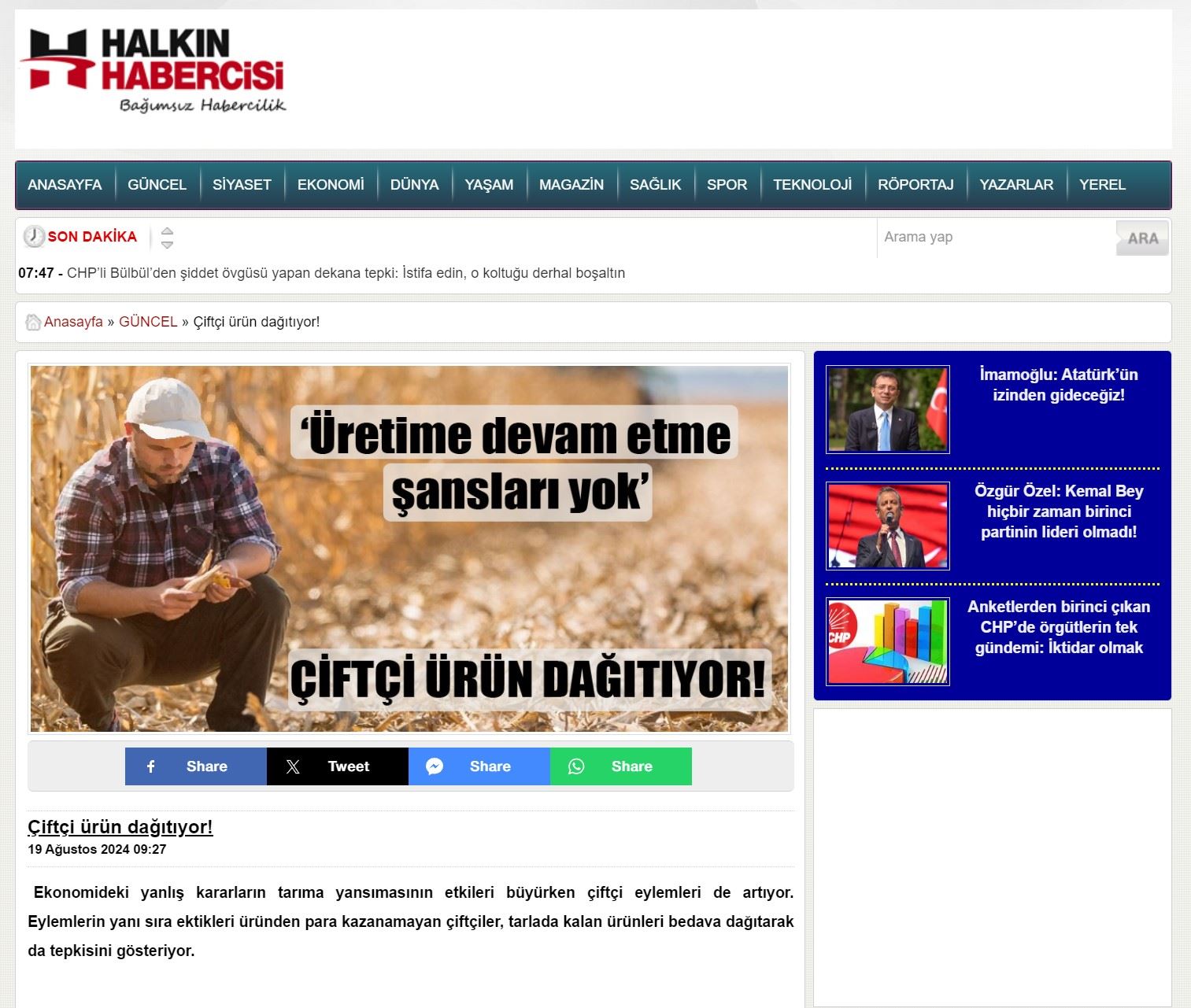 HALKIN HABERCİSİ GAZETESİ: ÇİFTÇİ ÜRÜN DAĞITIYOR!- 19 AĞUSTOS 2024