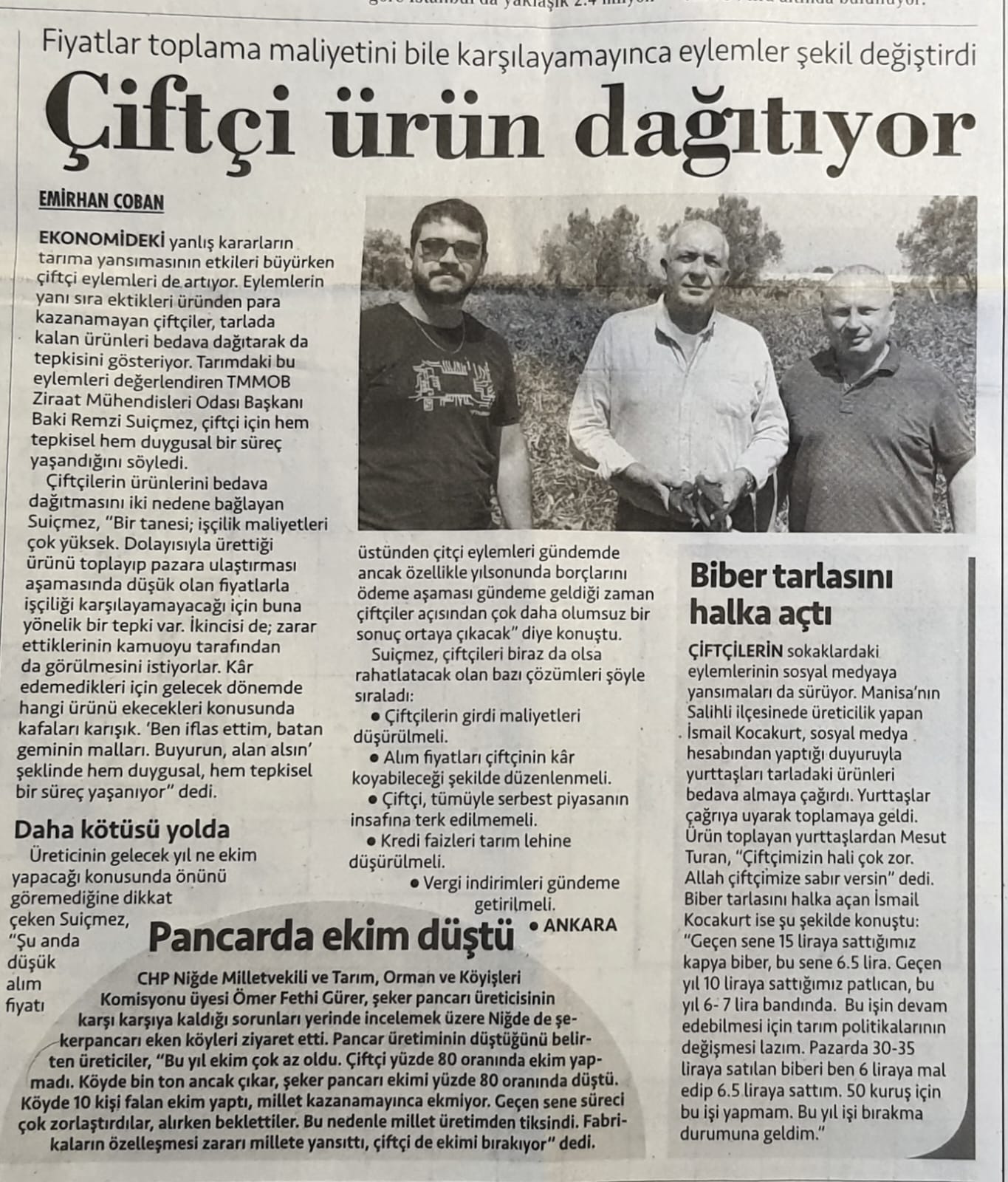 CUMHURİYET GAZETESİ: FİYATLAR TOPLAMA MALİYETİNİ BİLE KARŞILAYAMAYINCA EYLEMLER ŞEKİL DEĞİŞTİRDİ: ÇİFTÇİ ÜRÜN DAĞITIYOR- 19 AĞUSTOS 2024