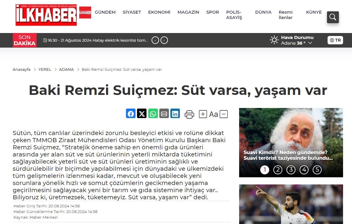 İLKHABER GAZETESİ: BAKİ REMZİ SUİÇMEZ: SÜT VARSA, YAŞAM VAR- 20 AĞUSTOS 2024