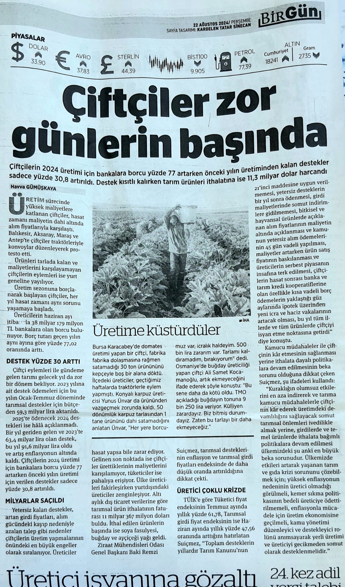 BİRGÜN GAZETESİ: ÇİFTÇİLER ZOR GÜNLERİN BAŞINDA- 22 AĞUSTOS 2024