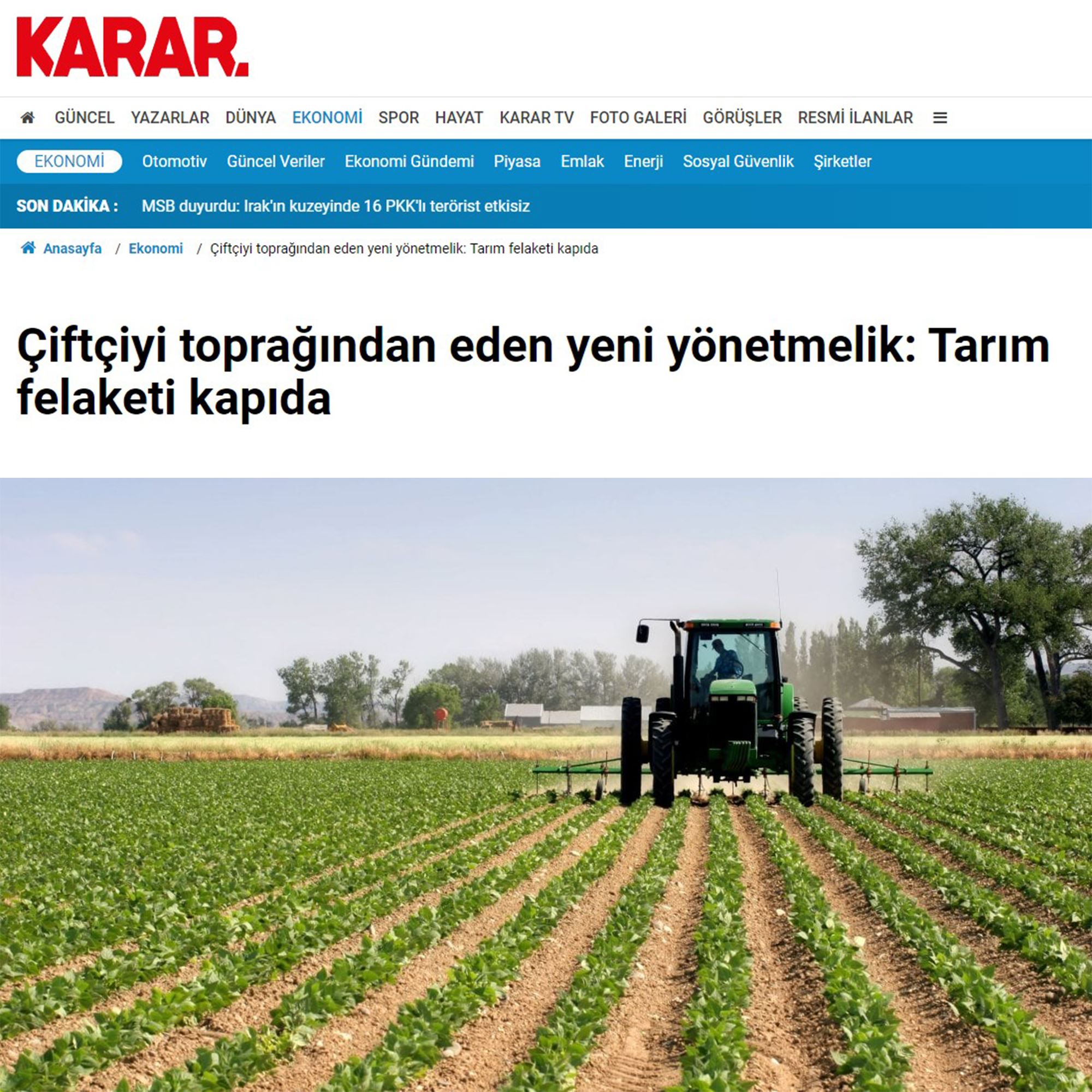 KARAR GAZETESİ: ÇİFTÇİYİ TOPRAĞINDAN EDEN YENİ YÖNETMELİK: TARIM FELAKETİ KAPIDA- 23 AĞUSTOS 2024