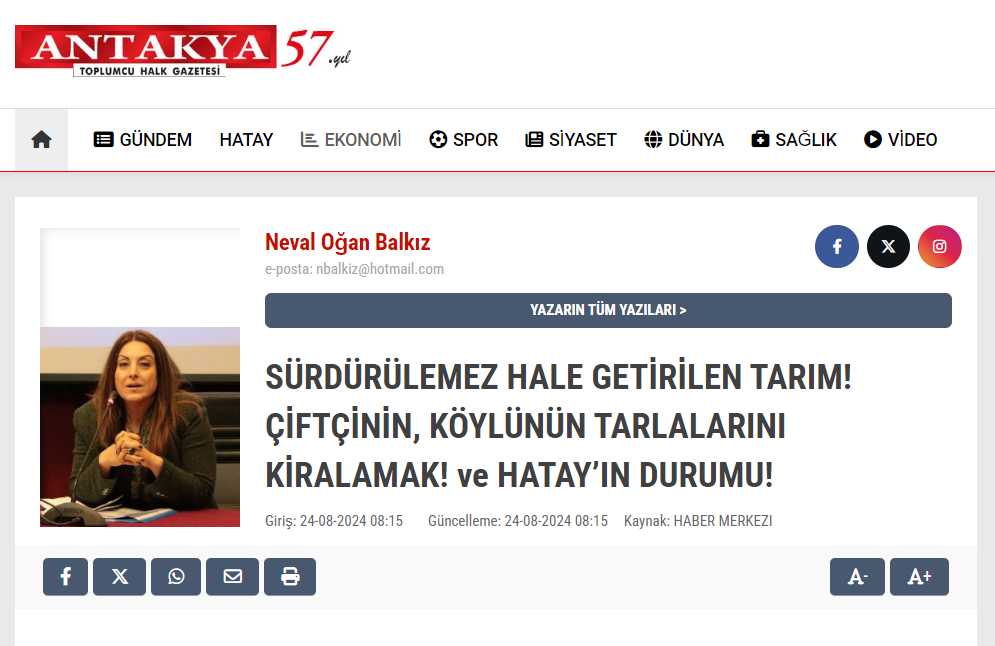 ANTAKYA TOPLUMCU HALK GAZETESİ: SÜRDÜRÜLEMEZ HALE GETİRİLEN TARIM!  ÇİFTÇİNİN, KÖYLÜNÜN TARLALARINI KİRALAMAK! VE HATAY’IN DURUMU!- 24 AĞUSTOS 2024