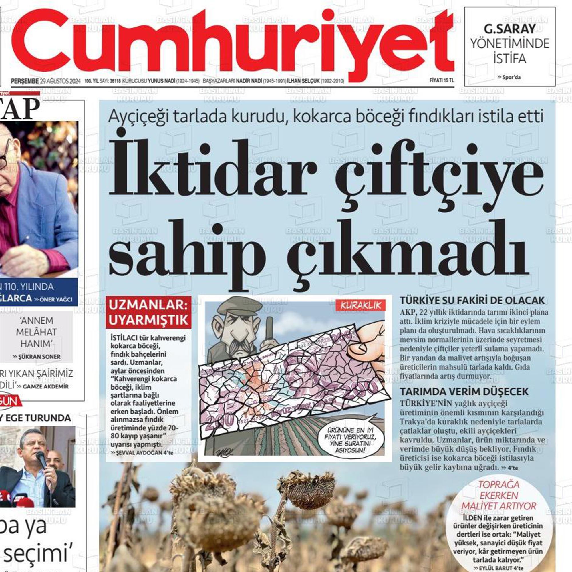 CUMHURİYET GAZETESİ: UZUN ZAMANDIR ÖNLEM ALINMASI ÇAĞRISINDA BULUNAN UZMANLARA KULAK ASAN OLMADI- 29 AĞUSTOS 2024