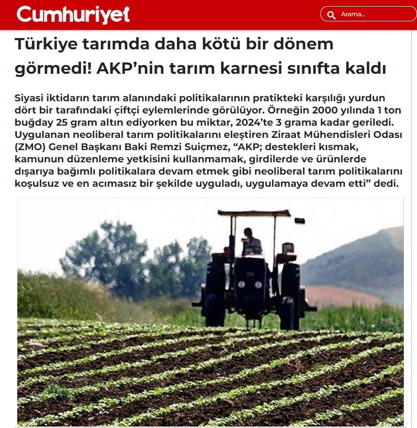 CUMHURİYET GAZETESİ: TÜRKİYE TARIMDA DAHA KÖTÜ BİR DÖNEM GÖRMEDİ! AKP’NİN TARIM KARNESİ SINIFTA KALDI- 9 EYLÜL 2024