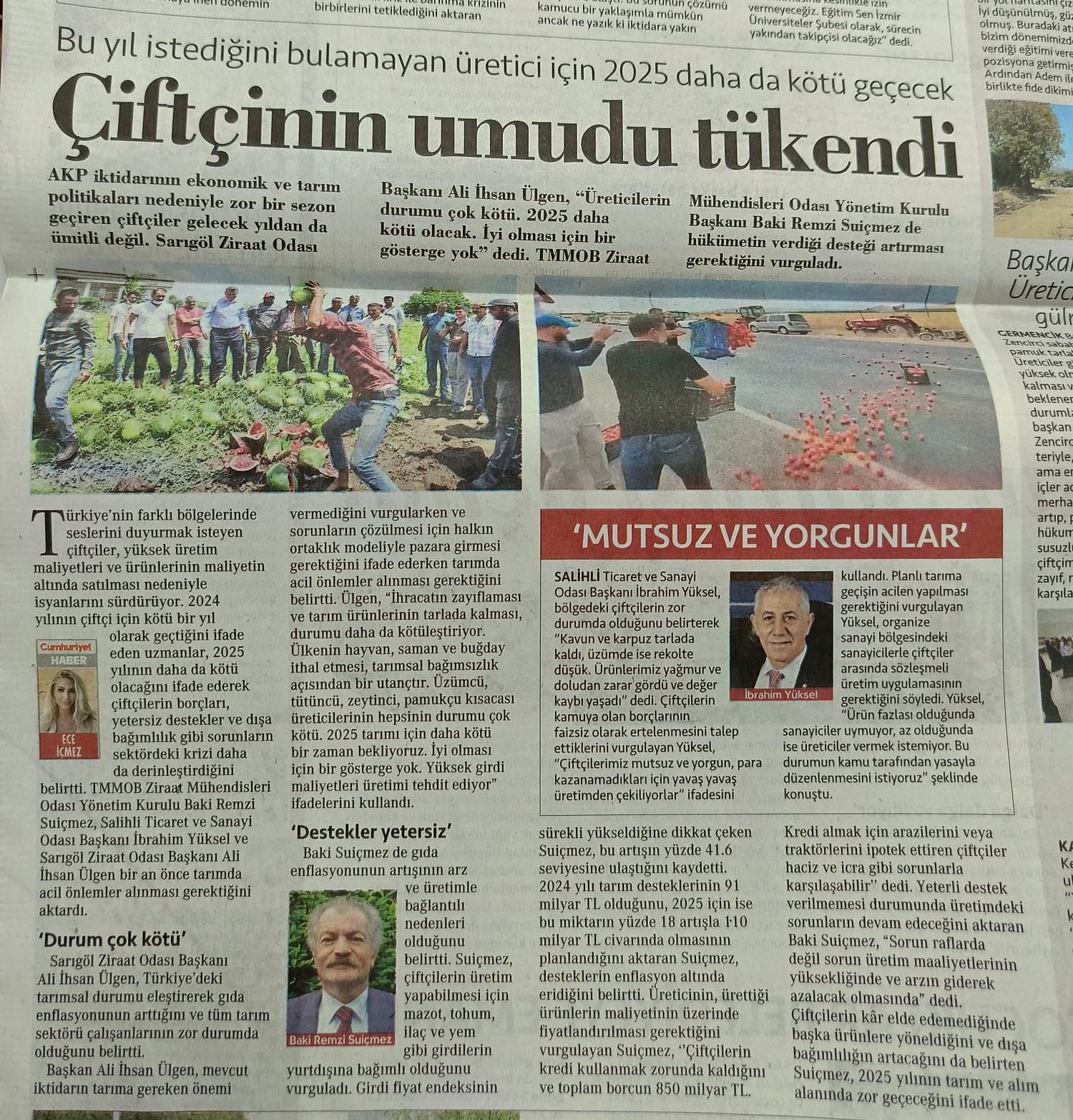 CUMHURİYET GAZETESİ: BU YIL İSTEDİĞİNİ BULAMAYAN ÜRETİCİ İÇİN 2025 DAHA DA KÖTÜ GEÇECEK- 27 EYLÜL 2024