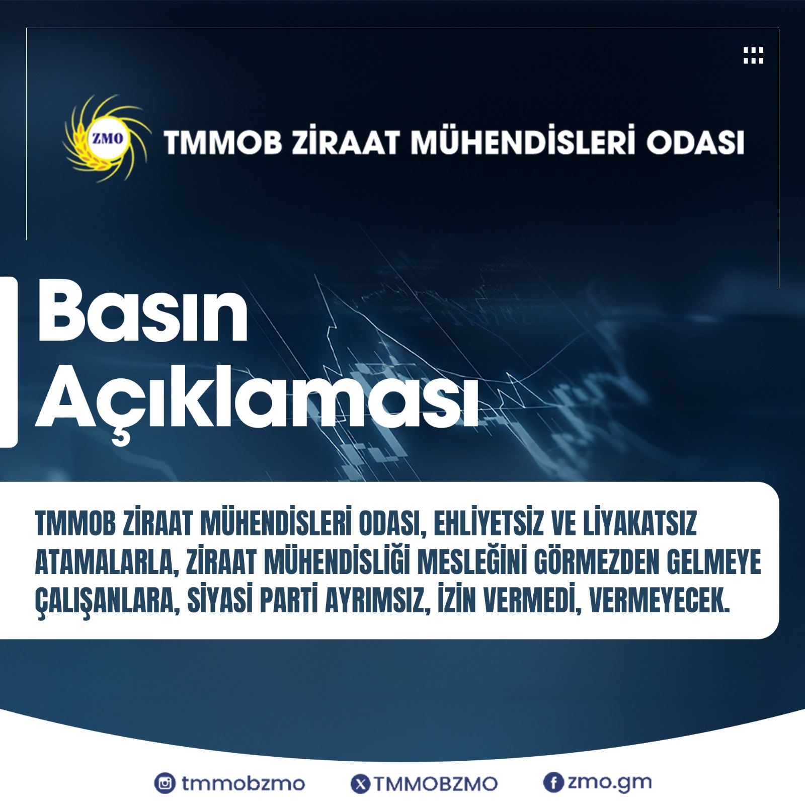 TMMOB ZİRAAT MÜHENDİSLERİ ODASI, EHLİYETSİZ VE LİYAKATSIZ ATAMALARLA,  ZİRAAT MÜHENDİSLİĞİ MESLEĞİNİ GÖRMEZDEN GELMEYE ÇALIŞANLARA,  SİYASİ PARTİ AYRIMSIZ, İZİN VERMEDİ, VERMEYECEK.