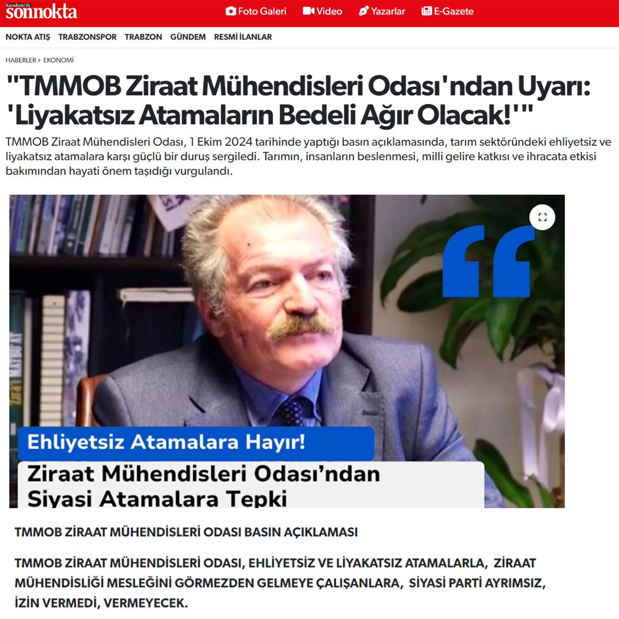 KARADENİZ'DE SONNOKTA GAZETESİ: "TMMOB ZİRAAT MÜHENDİSLERİ ODASI'NDAN UYARI: 'LİYAKATSIZ ATAMALARIN BEDELİ AĞIR OLACAK!'"- 02 EKİM 2024