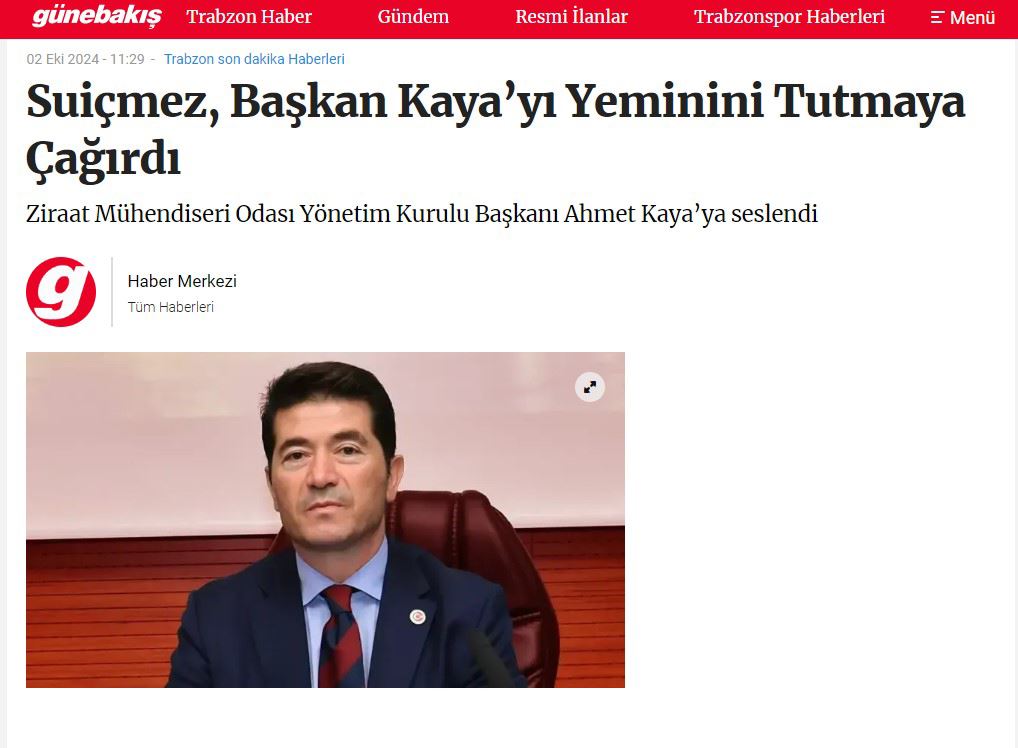 GÜNEBAKIŞ GAZETESİ: SUİÇMEZ, BAŞKAN KAYA’YI YEMİNİNİ TUTMAYA ÇAĞIRDI-2 EKİM 2024