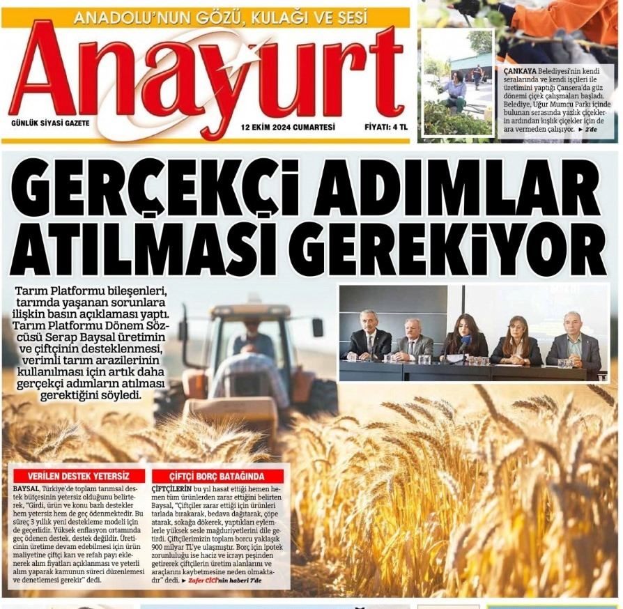 ANAYURT GAZETESİ: “TARIMSAL ÜRETİM DESTEKLENMELİ” - 12 EKİM 2024