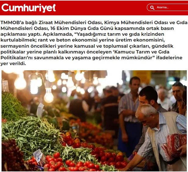 CUMHURİYET GAZETESİ: ‘DÜNYADA GIDA FİYATLARI DÜŞERKEN TÜRKİYE’DE ARTIYOR’- 16 EKİM 2024