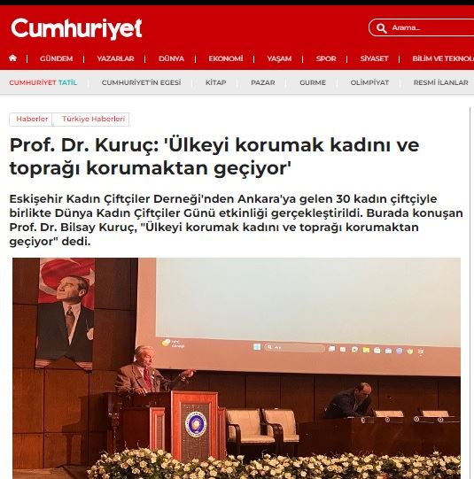 CUMHURİYET GAZETESİ: PROF. DR. KURUÇ: 'ÜLKEYİ KORUMAK KADINI VE TOPRAĞI KORUMAKTAN GEÇİYOR'- 22 EKİM 2024