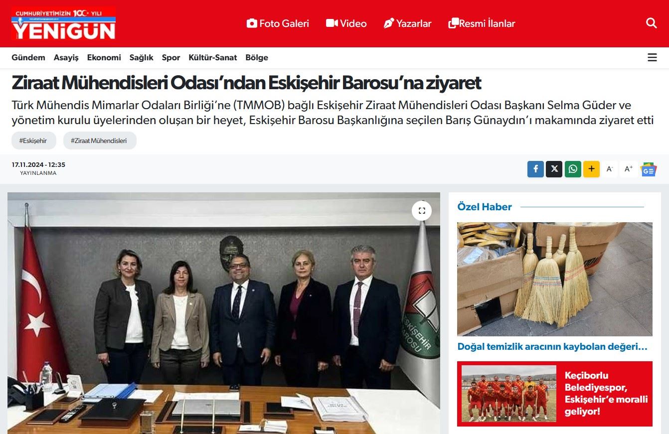 YENİGÜN GAZETESİ: ZİRAAT MÜHENDİSLERİ ODASI’NDAN ESKİŞEHİR BAROSU’NA ZİYARET - 17 KASIM 2024