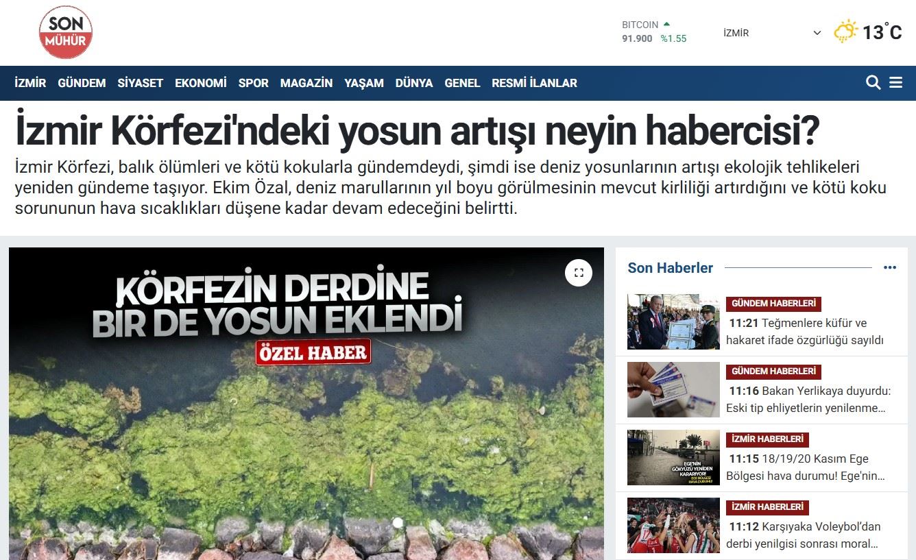 SON MÜHÜR GAZETESİ: İZMİR KÖRFEZİ'NDEKİ YOSUN ARTIŞI NEYİN HABERCİSİ? - 14 KASIM 2024