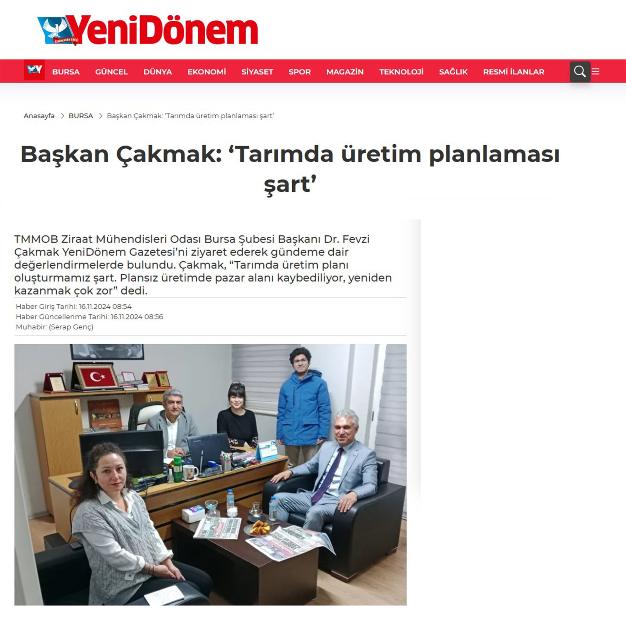 YENİ DÖNEM GAZETESİ: TARIMDA ÜRETİM PLANLAMASI ŞART - 16 KASIM 2024