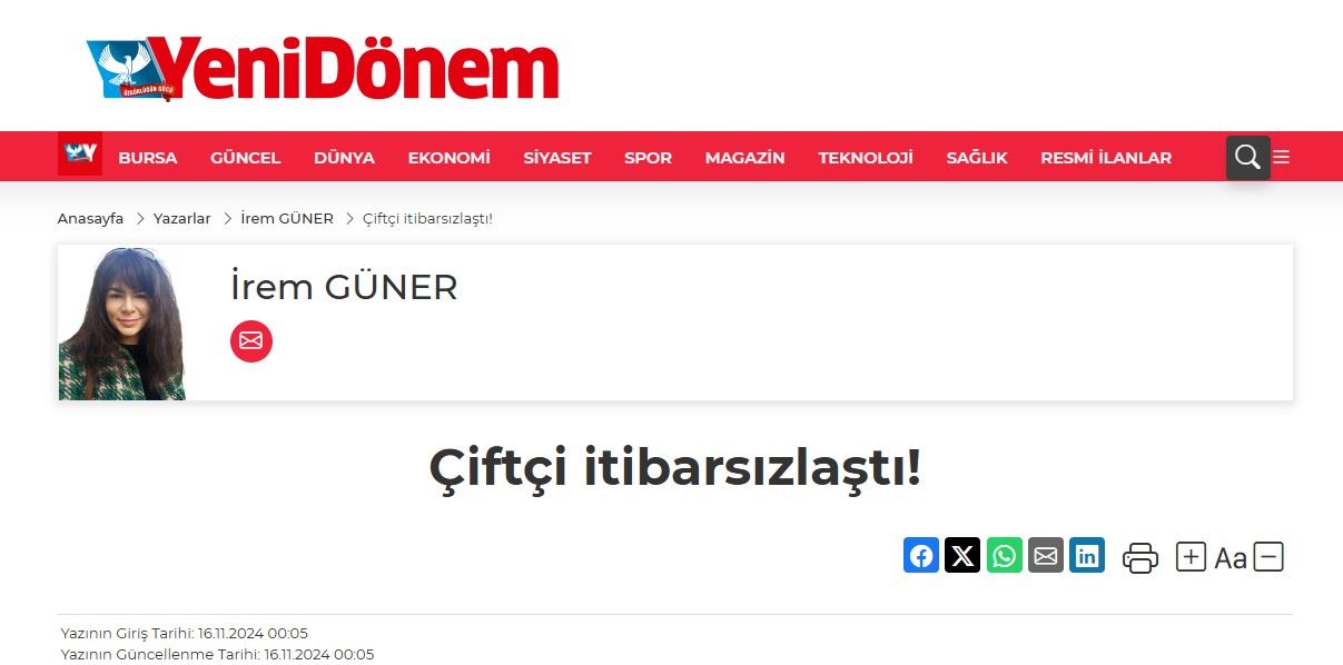 YENİ DÖNEM GAZETESİ: ÇİFTÇİ İTİBARSIZLAŞTI! - 16 KASIM 2024