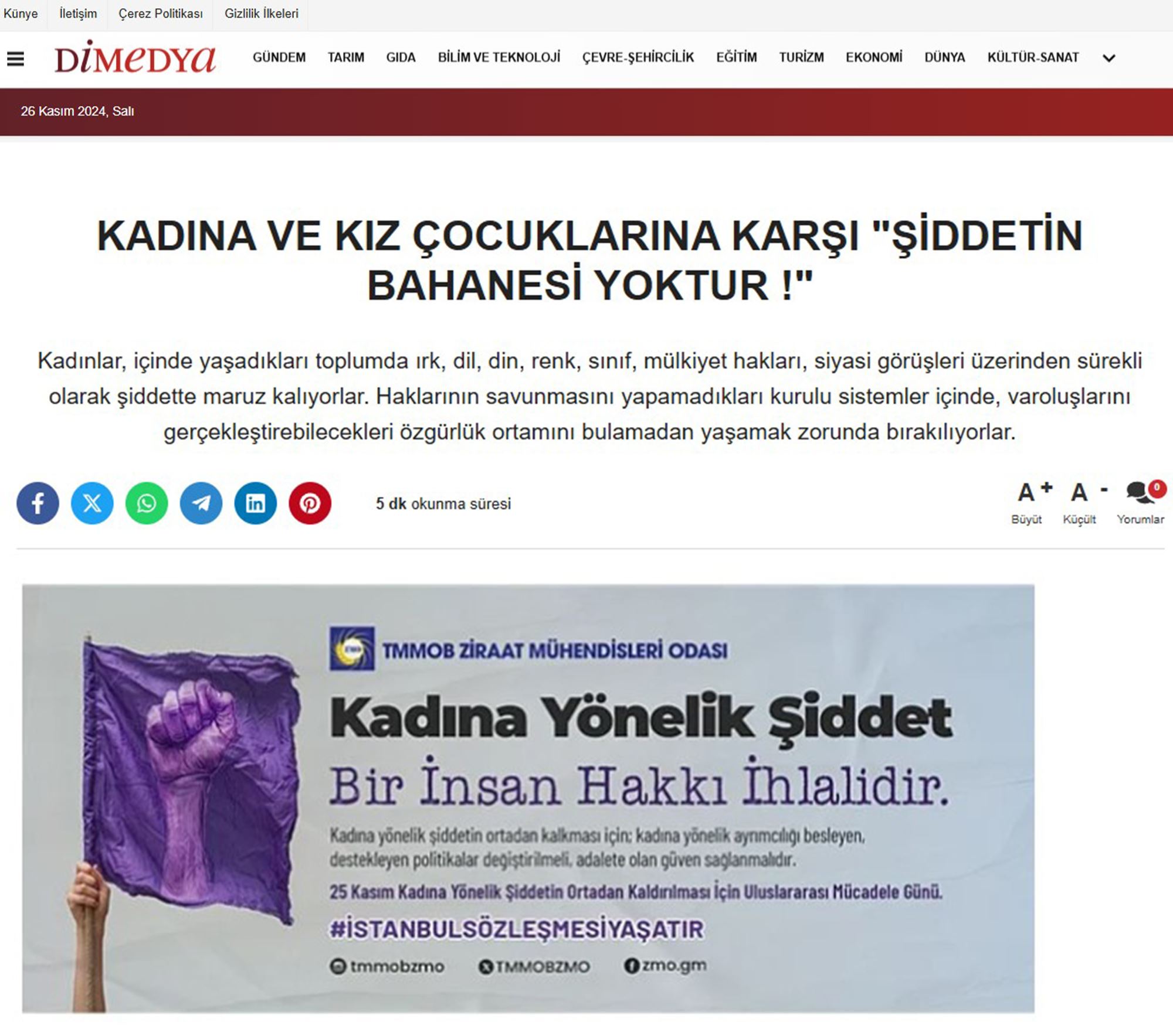 DİMEDYA: KADINA VE KIZ ÇOCUKLARINA KARŞI "ŞİDDETİN BAHANESİ YOKTUR!" - 26 KASIM 2024