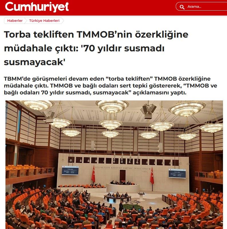 CUMHURİYET GAZETESİ: TORBA TEKLİFTEN TMMOB’NİN ÖZERKLİĞİNE MÜDAHALE ÇIKTI: '70 YILDIR SUSMADI SUSMAYACAK' - 27 KASIM 2024