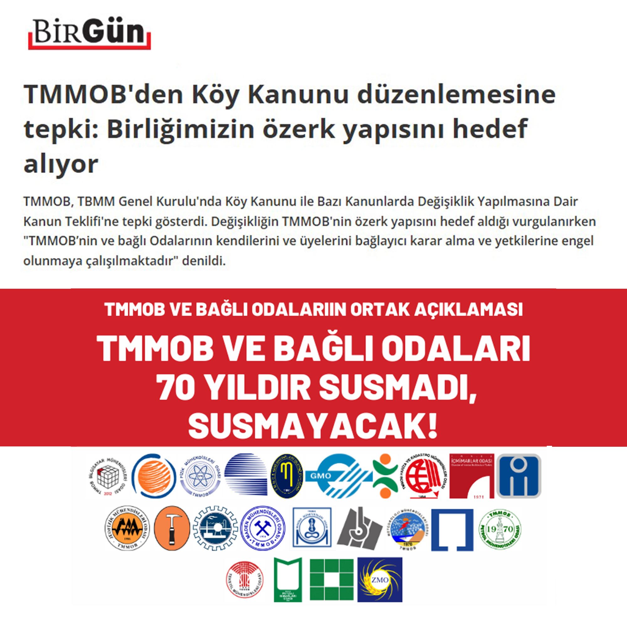 BİRGÜN GAZETESİ: TMMOB'DEN KÖY KANUNU DÜZENLEMESİNE TEPKİ: BİRLİĞİMİZİN ÖZERK YAPISINI HEDEF ALIYOR - 27 KASIM 2024