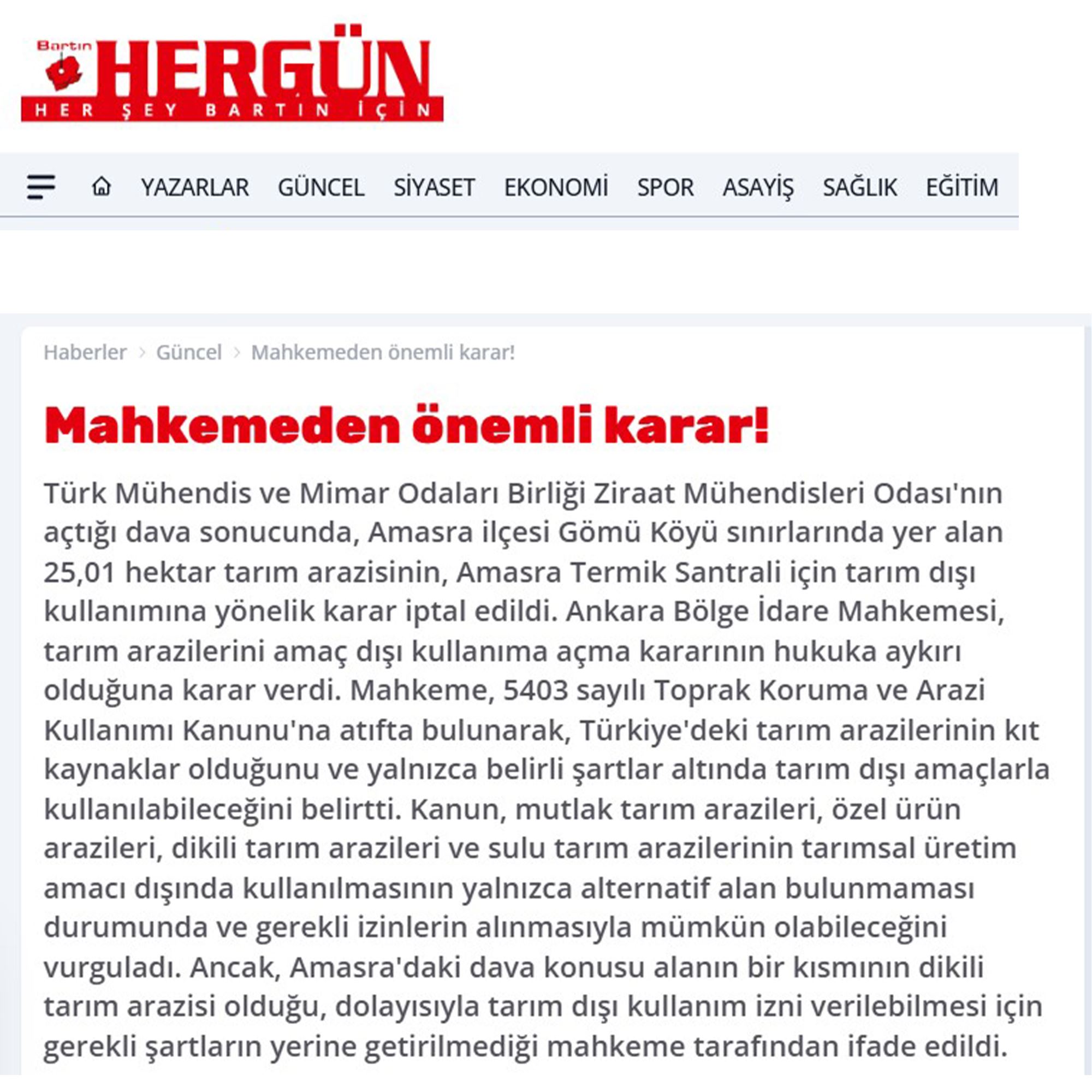 BARTIN HERGÜN GAZETESİ: AMASRA’DAKİ TARIM ALANLARI TERMİK SANTRAL AMAÇLI KULLANILAMAYACAK - 11 ARALIK 2024