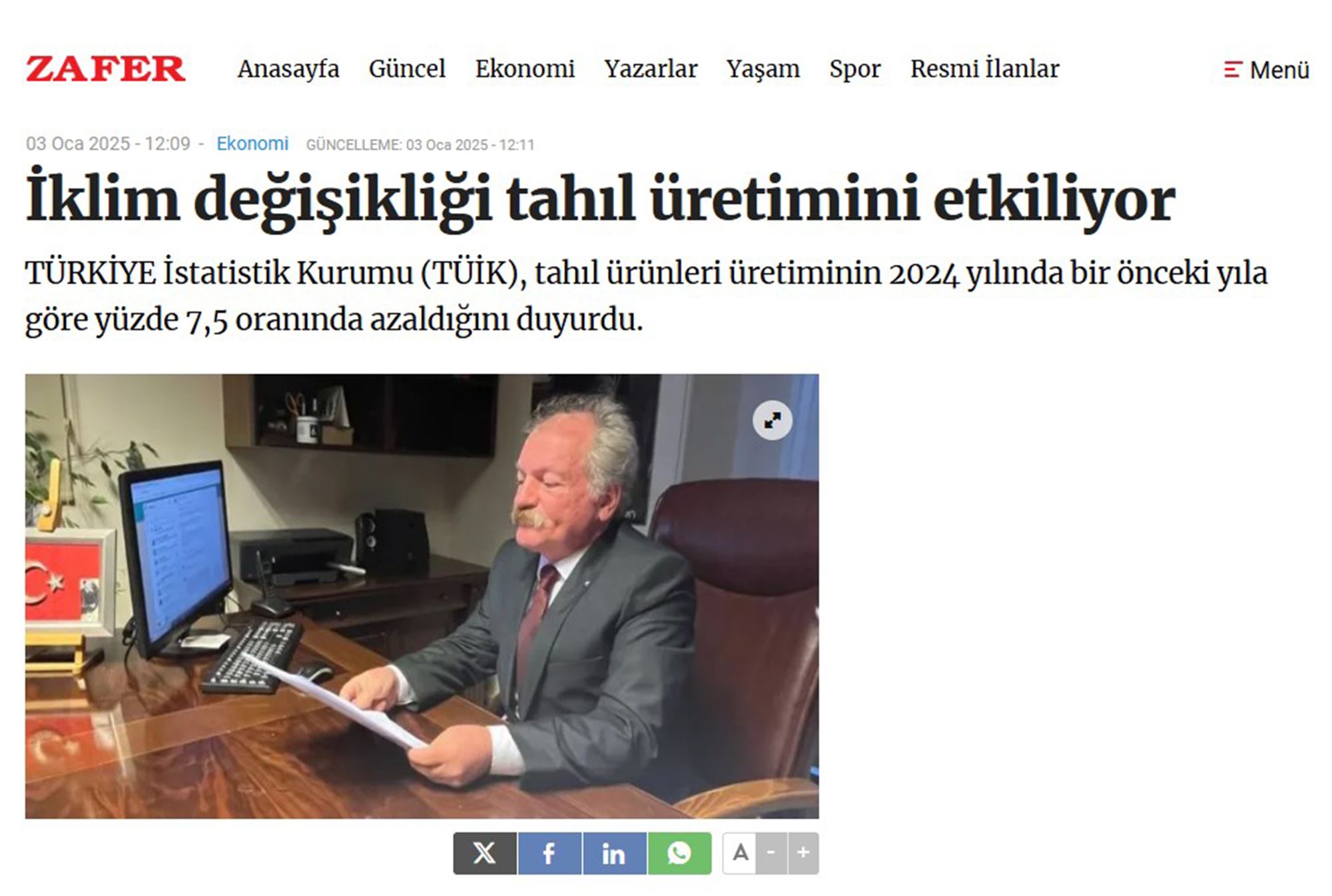 ZAFER GAZETESİ: İKLİM DEĞİŞİKLİĞİ TAHIL ÜRETİMİNİ ETKİLİYOR - 3 OCAK 2025