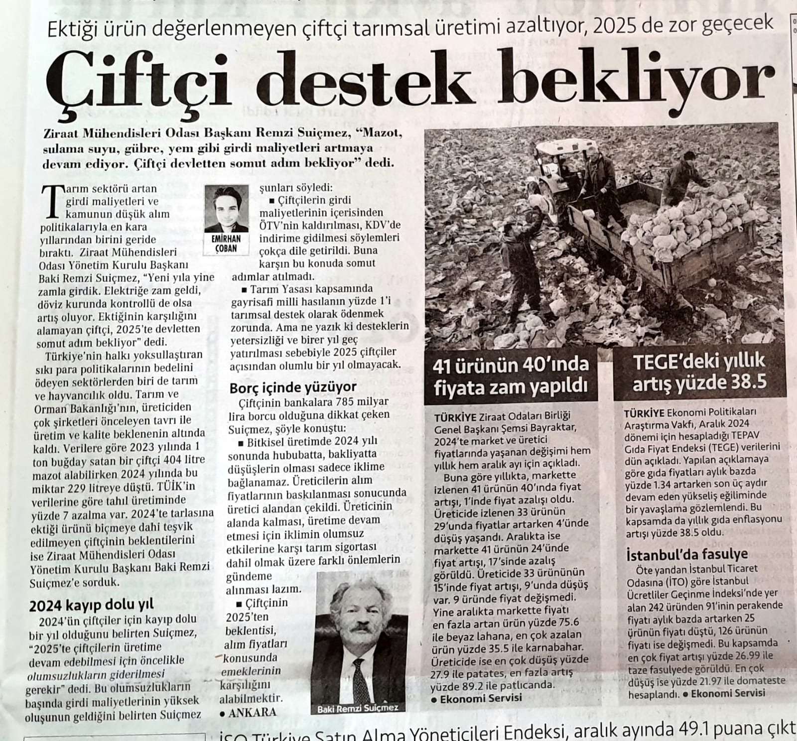 CUMHURİYET GAZETESİ: EKTİĞİ ÜRÜN DEĞERLENMEYEN ÇİFTÇİ TARIMSAL ÜRETİMİ AZALTIYOR, 2025 DE ZOR GEÇECEK - 3 OCAK 2025