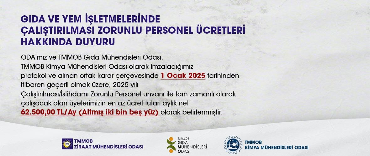 GIDA VE YEM İŞLETMELERİNDE ÇALIŞTIRILMASI ZORUNLU PERSONEL ÜCRETLERİ HAKKINDA DUYURU