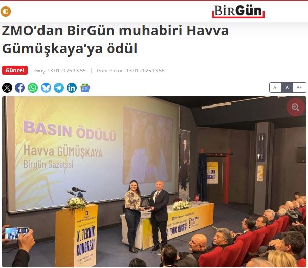 BİRGÜN GAZETESİ: ZMO’DAN BİRGÜN MUHABİRİ HAVVA GÜMÜŞKAYA’YA ÖDÜL- 13 OCAK 2025