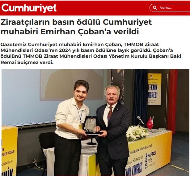 CUMHURİYET GAZETESİ: ZİRAATÇILARIN BASIN ÖDÜLÜ CUMHURİYET MUHABİRİ EMİRHAN ÇOBAN’A VERİLDİ- 14 OCAK 2025