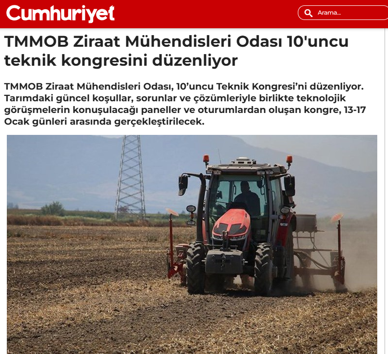 CUMHURİYET GAZETESİ: TMMOB ZİRAAT MÜHENDİSLERİ ODASI 10'UNCU TEKNİK KONGRESİNİ DÜZENLİYOR - 9 OCAK 2025