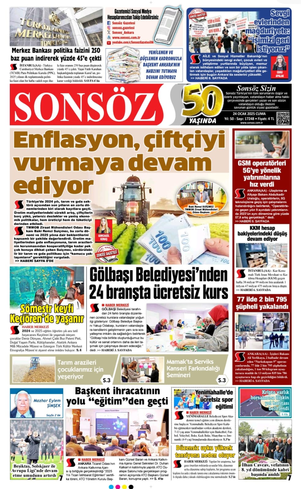 SONSÖZ GAZETESİ: ENFLASYON, 2025’TE DE ÇİFTÇİYİ VURMAYA DEVAM EDİYOR- 23 OCAK 2025