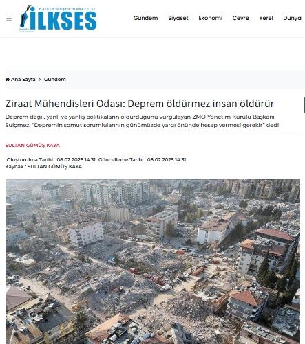 İLKSES GAZETESİ: ZİRAAT MÜHENDİSLERİ ODASI: DEPREM ÖLDÜRMEZ İNSAN ÖLDÜRÜR- 8 ŞUBAT 2025