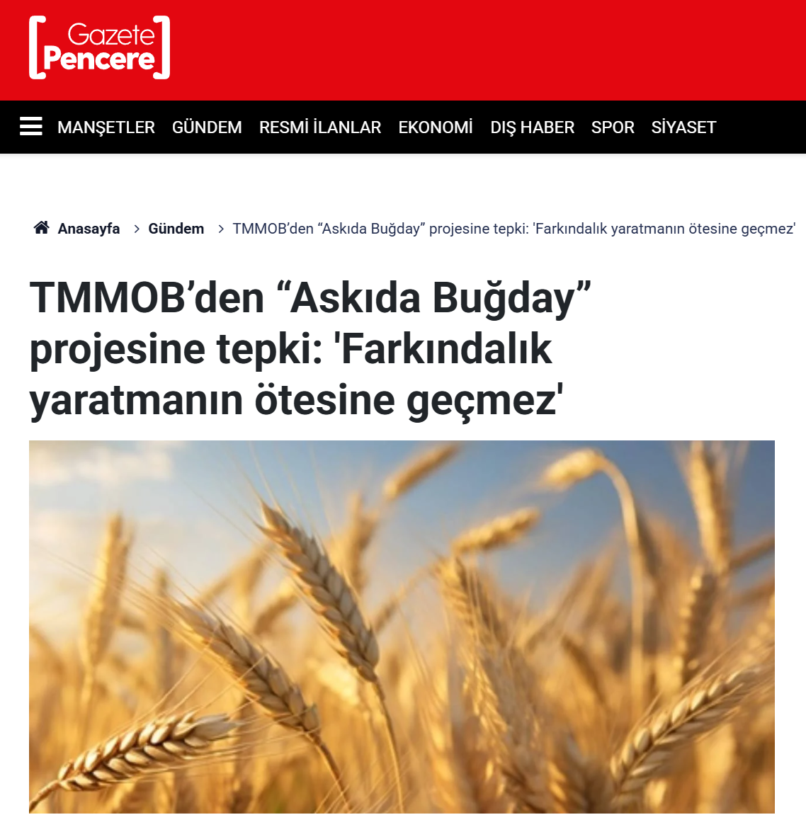 GAZETE PENCERE: TMMOB’DEN “ASKIDA BUĞDAY” PROJESİNE TEPKİ: 'FARKINDALIK YARATMANIN ÖTESİNE GEÇMEZ' - 22 ŞUBAT 2025