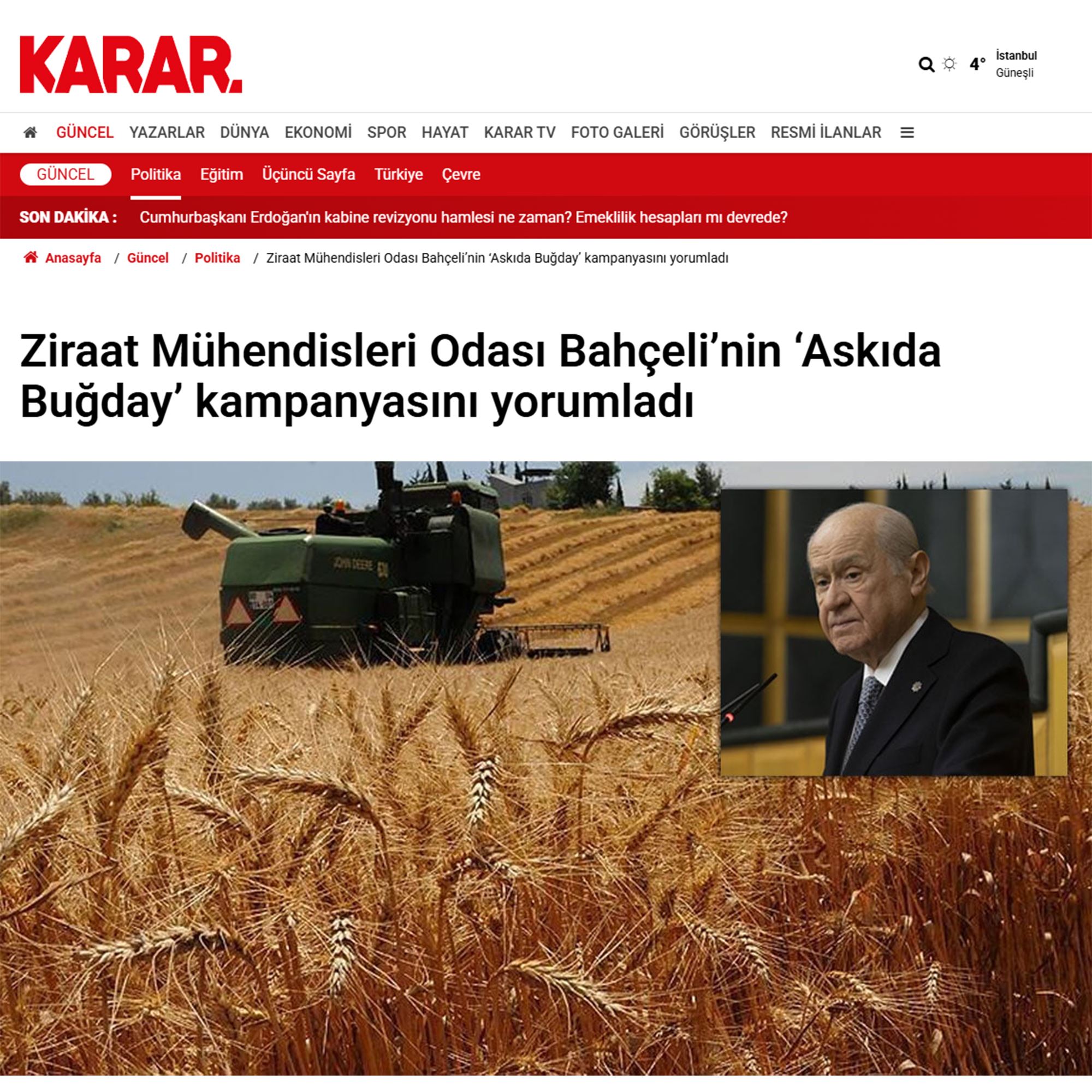KARAR GAZETESİ: ZİRAAT MÜHENDİSLERİ ODASI BAHÇELİ’NİN ‘ASKIDA BUĞDAY’ KAMPANYASINI YORUMLADI - 22 ŞUBAT 2025