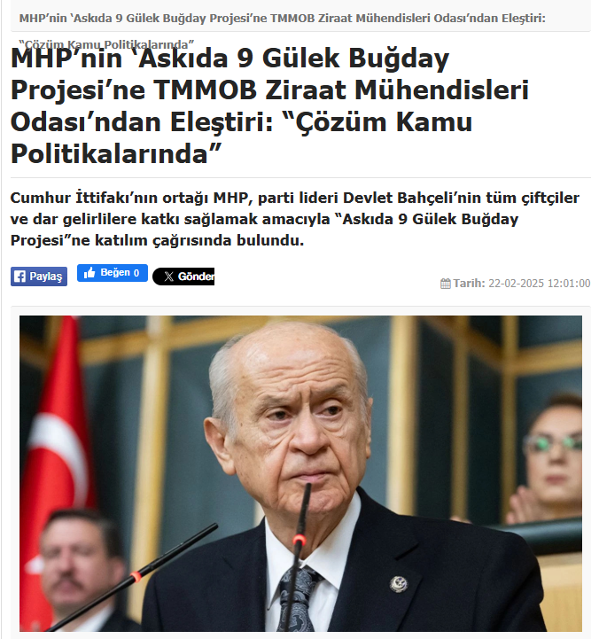 7/24 MEDYA HABER: MHP’NİN ‘ASKIDA 9 GÜLEK BUĞDAY PROJESİ’NE TMMOB ZİRAAT MÜHENDİSLERİ ODASI’NDAN ELEŞTİRİ: “ÇÖZÜM KAMU POLİTİKALARINDA” - 22 ŞUBAT 2025