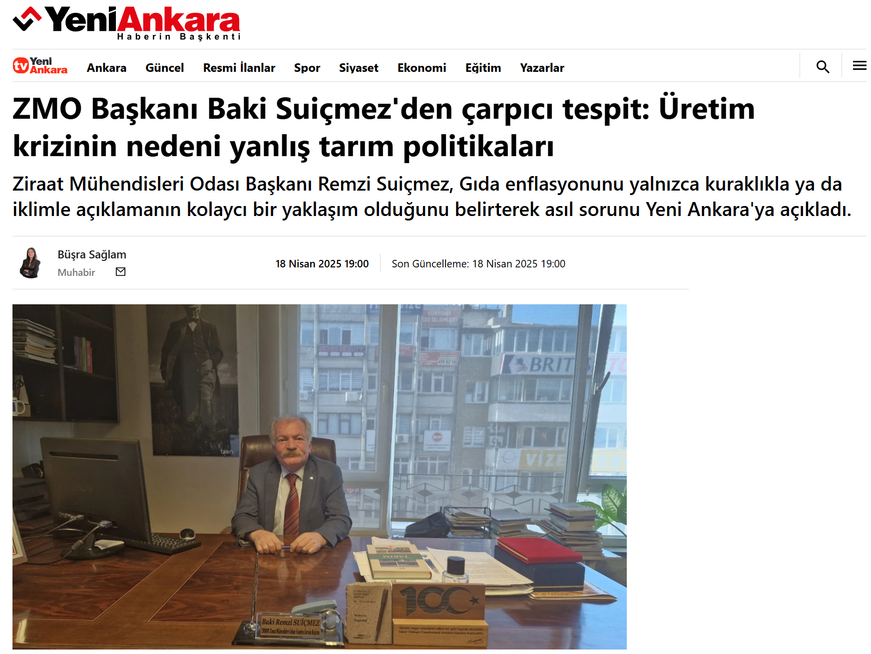 YENİ ANKARA GAZETESİ: ZMO BAŞKANI BAKİ SUİÇMEZ'DEN ÇARPICI TESPİT: ÜRETİM KRİZİNİN NEDENİ YANLIŞ TARIM POLİTİKALARI - 18 NİSAN 2025
