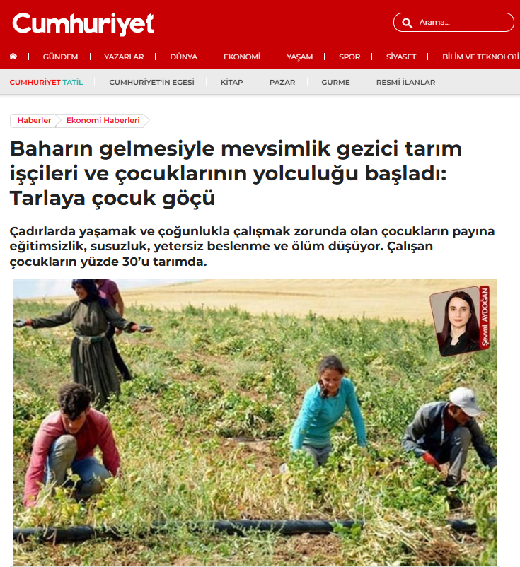 CUMHURİYET GAZETESİ: BAHARIN GELMESİYLE MEVSİMLİK GEZİCİ TARIM İŞÇİLERİ VE ÇOCUKLARININ YOLCULUĞU BAŞLADI: TARLAYA ÇOCUK GÖÇÜ - 21 NİSAN 2025