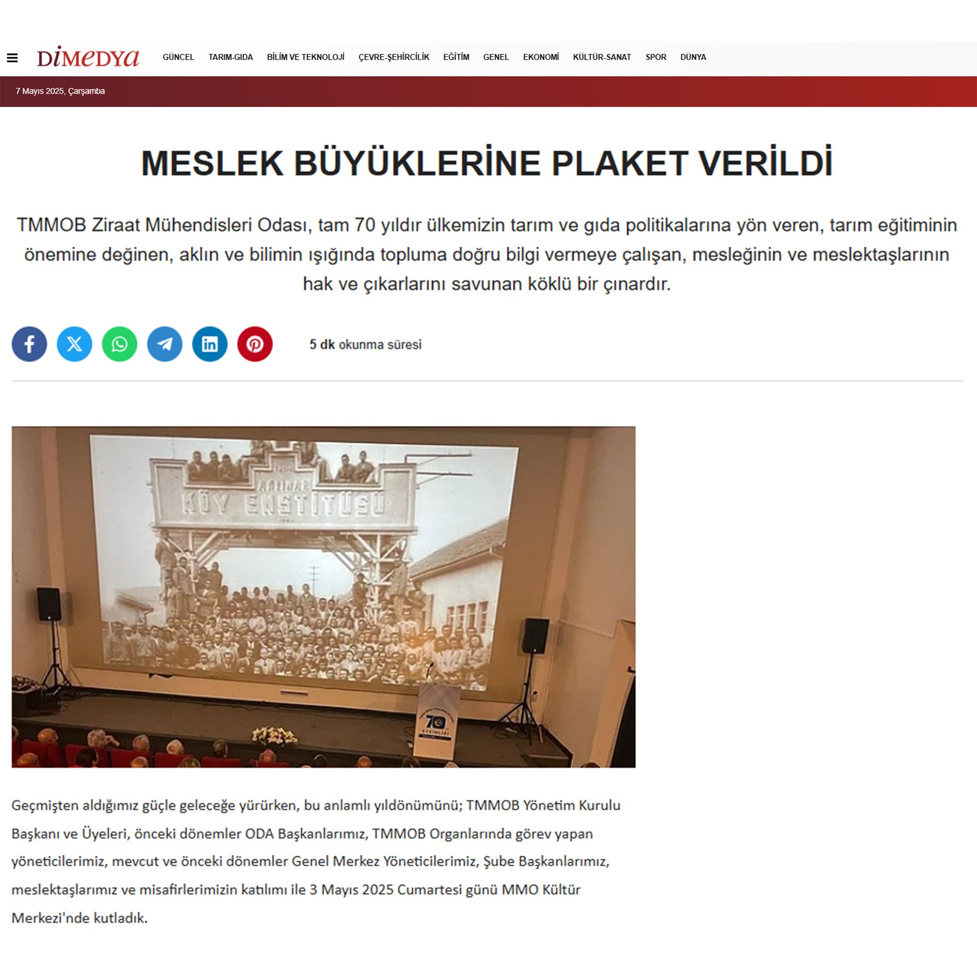 DİMEDYA GAZETESİ: MESLEK BÜYÜKLERİNE PLAKET VERİLDİ - 7 MAYIS 2025