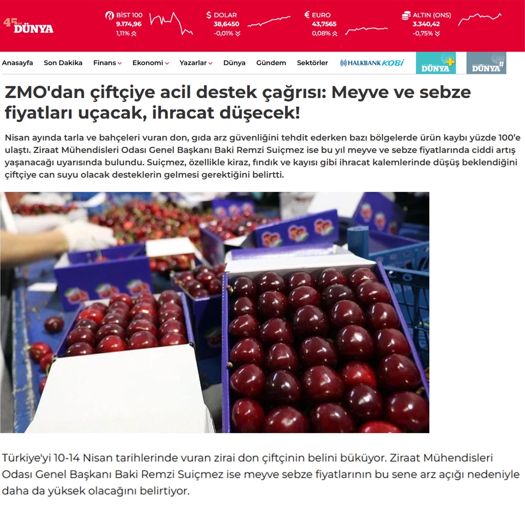 DÜNYA GAZETESİ: ZMO'DAN ÇİFTÇİYE ACİL DESTEK ÇAĞRISI: MEYVE VE SEBZE FİYATLARI UÇACAK, İHRACAT DÜŞECEK! - 8 MAYIS 2025
