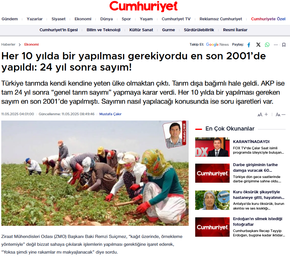 CUMHURİYET GAZETESİ: HER 10 YILDA BİR YAPILMASI GEREKİYORDU EN SON 2001’DE YAPILDI: 24 YIL SONRA SAYIM! - 11 MAYIS 2025
