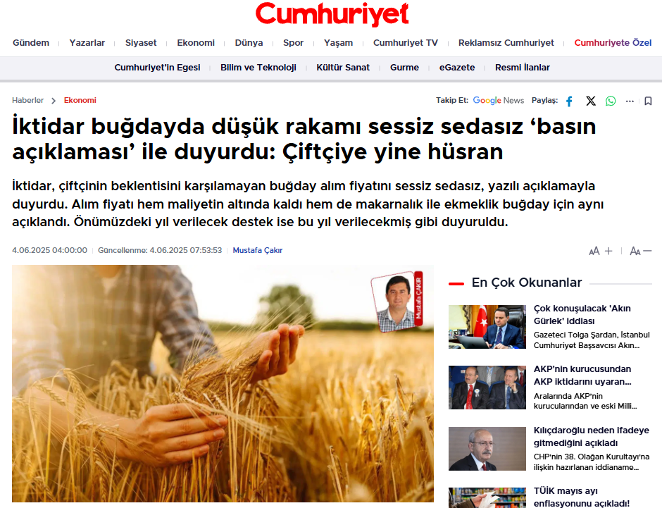 CUMHURİYET GAZETESİ: İKTİDAR BUĞDAYDA DÜŞÜK RAKAMI SESSİZ SEDASIZ ‘BASIN AÇIKLAMASI’ İLE DUYURDU: ÇİFTÇİYE YİNE HÜSRAN - 4 HAZİRAN 2025