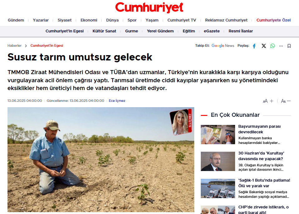 CUMHURİYET GAZETESİ: SUSUZ TARIM UMUTSUZ GELECEK - 13 HAZİRAN 2025