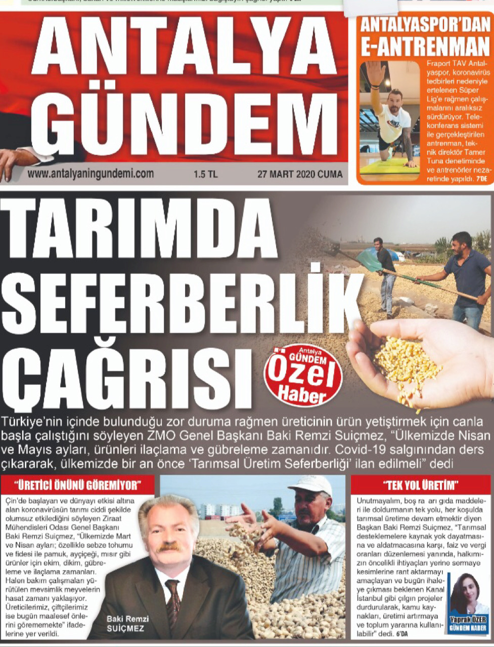 ANTALYA GÜNDEM GAZETESİ: TARIMDA SEFERBERLİK ÇAĞRISI- 27 MART 2020