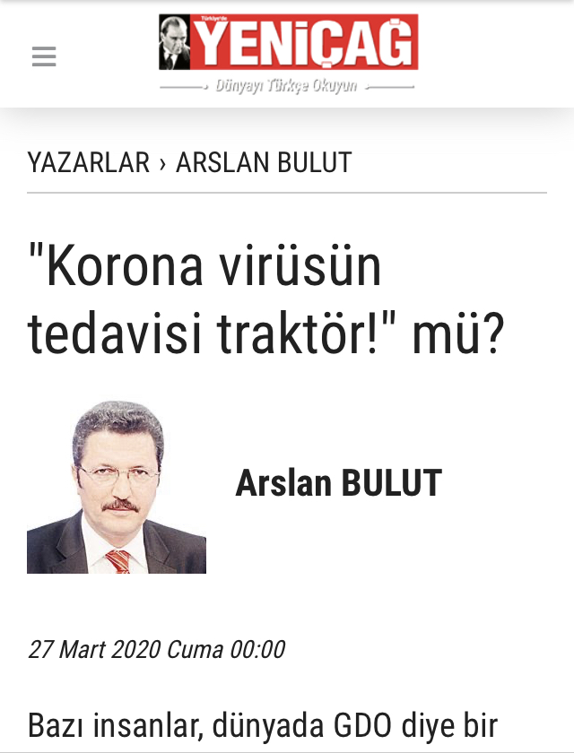 YENİ ÇAĞ GAZETESİ: "KORONA VİRÜSÜN TEDAVİSİ TRAKTÖR!" MÜ?- 27 MART 2020