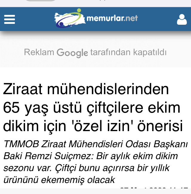 MEMURLAR.NET: ZİRAAT MÜHENDİSLERİNDEN 65 YAŞ ÜSTÜ ÇİFTÇİLERE EKİM DİKİM İÇİN `ÖZEL İZİN` ÖNERİSİ- 27 MART 2020